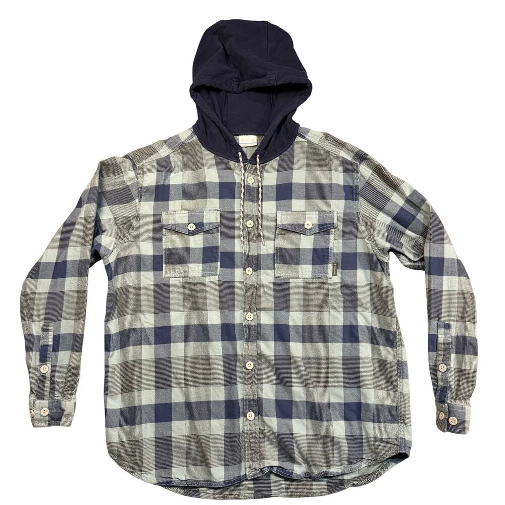 Columbia Men’s Blue Green Plaid Hooded Flannel Shirt Jacket Button Down - XL